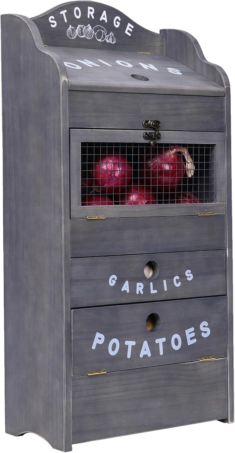 ARTAWEIN Potato Storage Bin Wall-mountable Potato Box with Lid Rustic and Garlic Drawer Onion Organizer with Grocery Section Decorative Vegetable Organization Cabinet for Kitchen