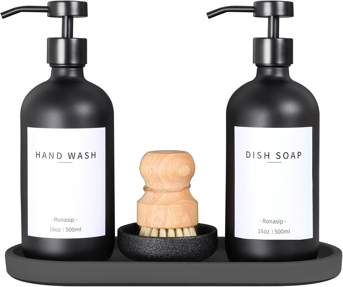Set of 5 Kitchen Soap Dispenser Set 16 Oz Glass Hand Dish Soap Dispenser with Stainless Steel Pump, Cement Tray, Dish Scrub Brush for Farmhouse Rustic Home Bathroom Decor (Black)
