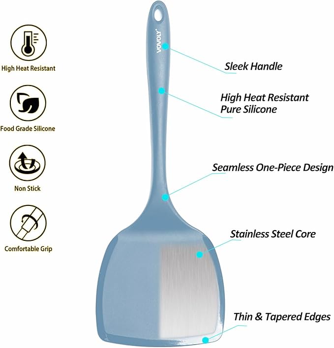 Silicone Pancake Spatula Turner with Lengthened Handle& Seamless Design, Heat Resistant Cooking Spatulas for Nonstick Cookware, Large Flexible Kitchen Utensils, Flipper for Egg, Pancake, Starry Blue