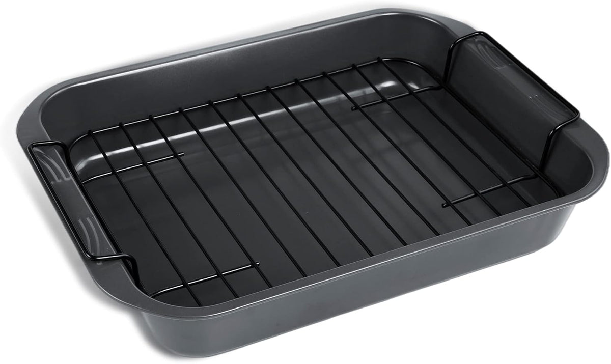 kitCom Bakeware Nonstick Roaster, Nonstick Roasting Pan with Rack, Great For Roast Chicken, Roasts And Turkeys - 15 Inch x 11 Inch (5.8 QT), Gray