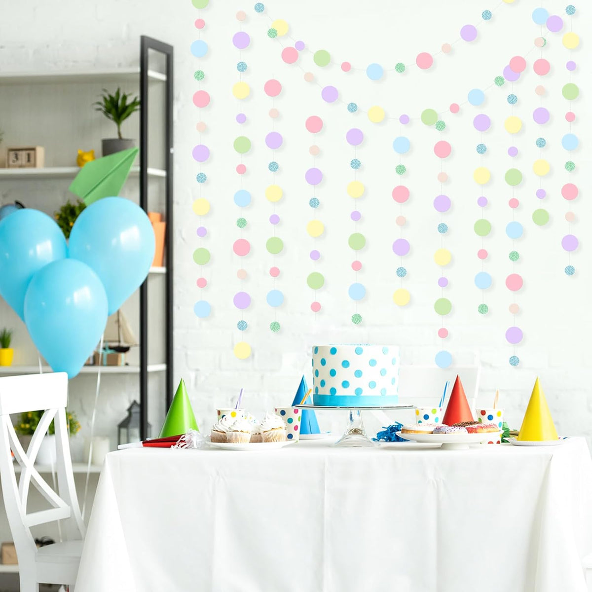 Outus 10 Pieces Colorful Dots Paper Garland Round Glitter Garland Hanging Confetti Streamers Backdrop Decoration for Birthday Classroom Candy Sprinkles Trunk or Treat Party (Pastel)