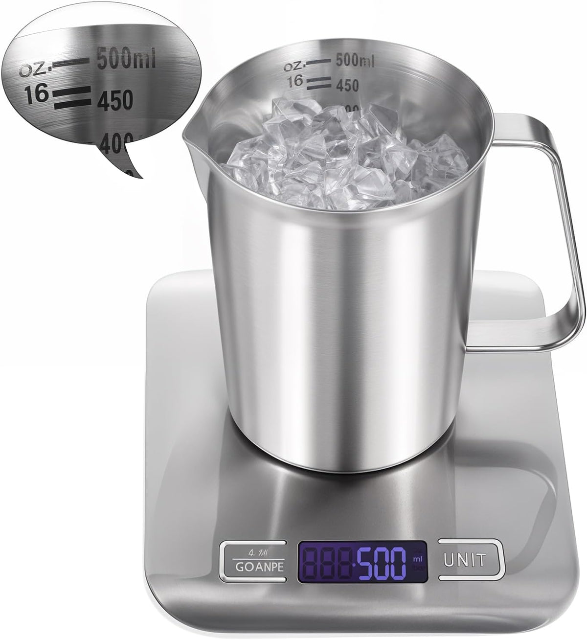 2 Pcs Stainless Steel Measuring Cup with Handle and Pour Lip, Metal Pitcher with Oz and ML marking, 16OZ/500ML), Heavy-Duty Pitcher