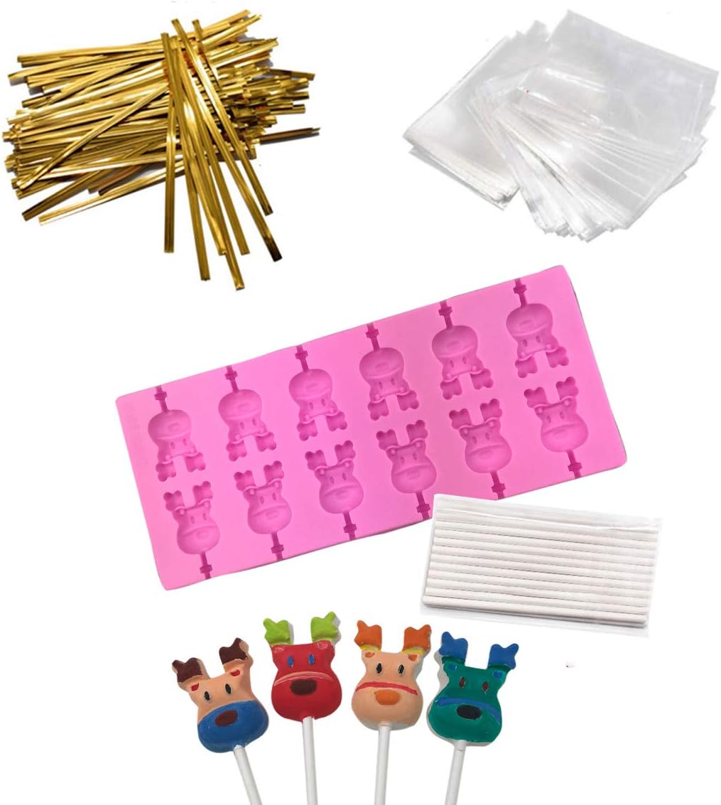 12 Capacity Silicone Deer Lollipop Mold Set, Sucker Molds and Chocolate Hard Candy Mold with 50pcs Lollipop Sucker Sticks, Candy Treat Bags, Gold Ties. (Deer)