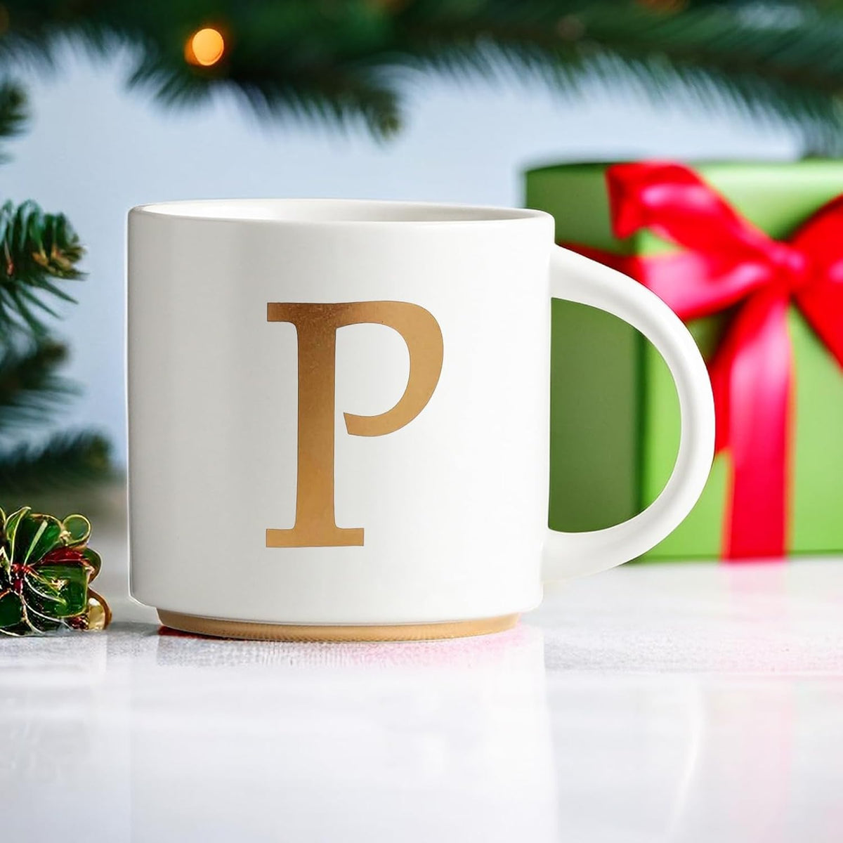 COLLECTIVE HOME - Monogram Ceramic Mugs, 15 oz Golden Initial Coffee Cups, Elegant Alphabet Tea Mugs, Elegant Personalized Mug with Gift Box, Unique Mug with Double Side Capital Letter (P)