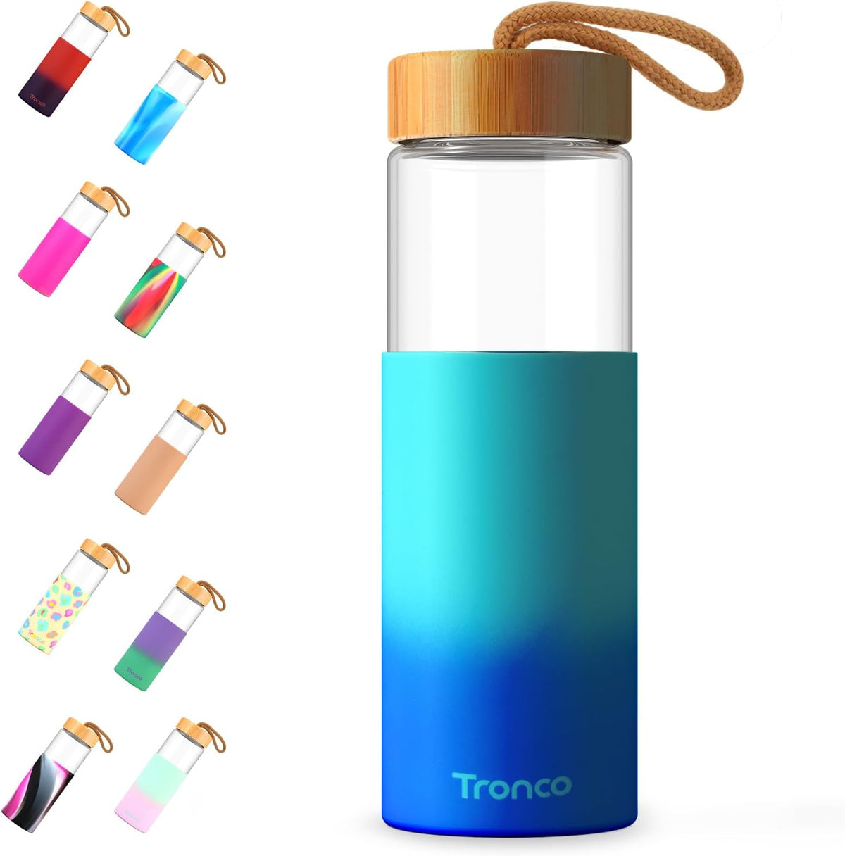 Tronco 24oz Glass Water Bottles with Bamboo Lid & Silicone Sleeve, Leak Proof, BPA Free, Reusable Borosilicate Glass Bottles for Juicing, Smoothies, Juice & Water, for Men & Women Gym, Office, Travel