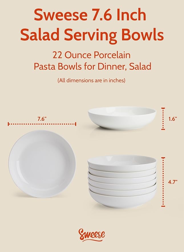 Sweese 22oz Porcelain Pasta Bowls Set of 6-7.6 Inch White Salad Serving Plates, Microwave Dishwasher Safe Dinnerware