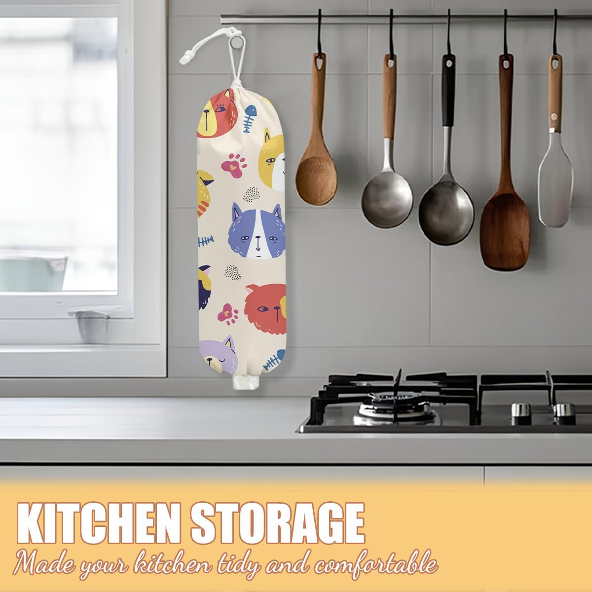 Cat Plastic Bag Holder, Wall Mount Grocery Bag Holder, Plastic Storage bag, Pull Rope Free Adjustment, Plastic Bag Holders for Grocery Bags, Plastic Bag Dispenser for Home Kitchen Camping