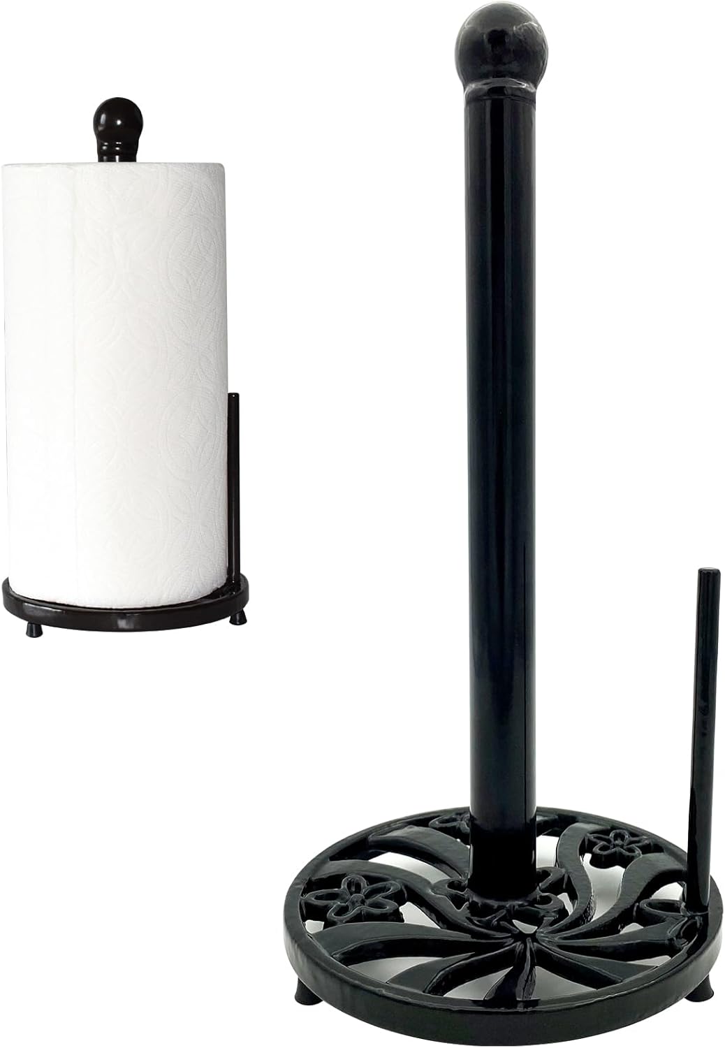Vintage Paper Towel Holder Countertop - Cast Iron Standing Roll Paper Towel Dispenser with Elegant and Heavy Daffodil Pattern Base for Kitchen Décor, Black