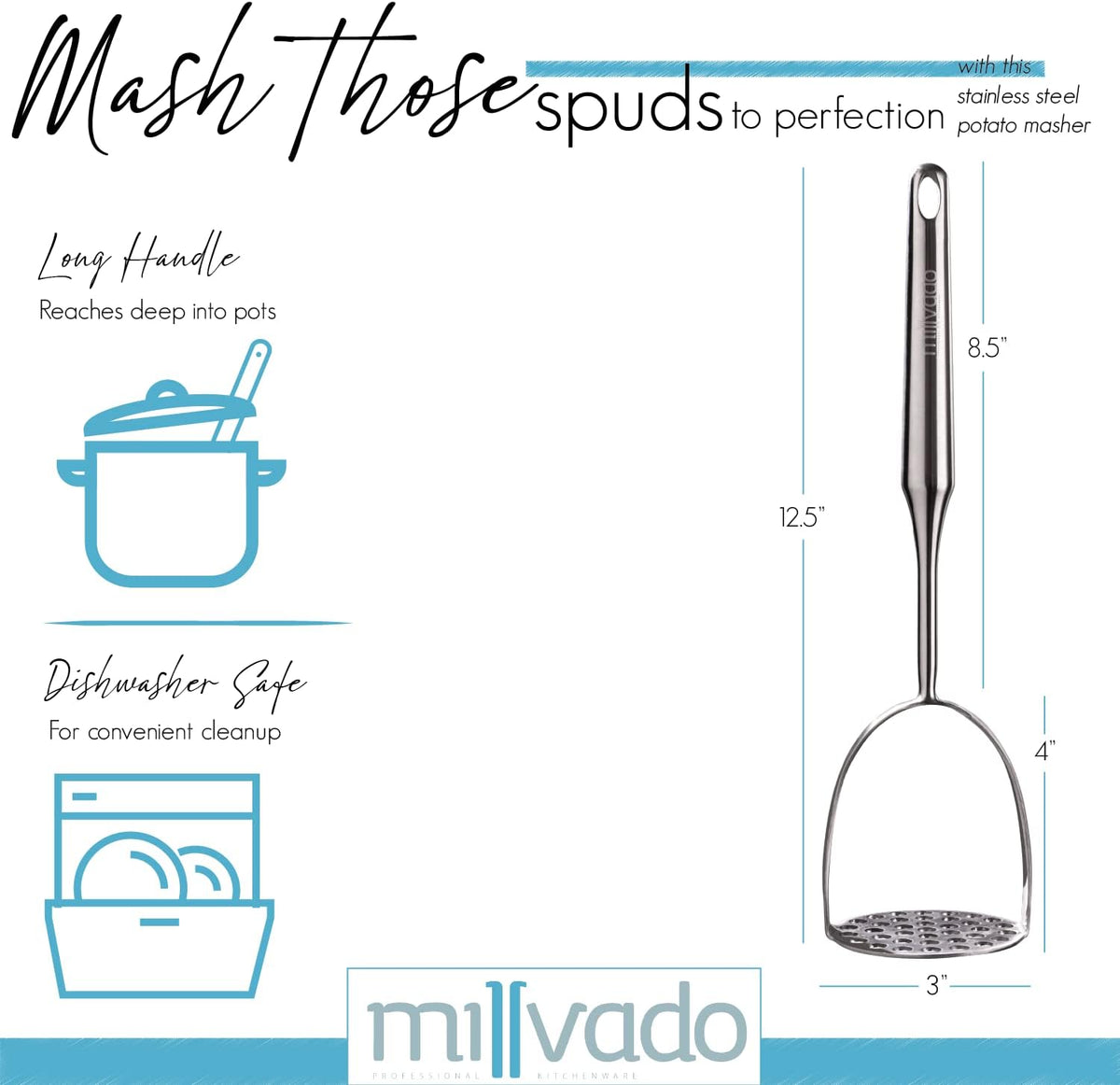 Potato Masher Stainless Steel, Best Mashed Potatoes Masher Kitchen Tool, Potato Smasher For Potatoe, Avocado, Sweet Potato, Beans, Large Heavy Duty Metal Mashing Utensil, 12.5 Inch