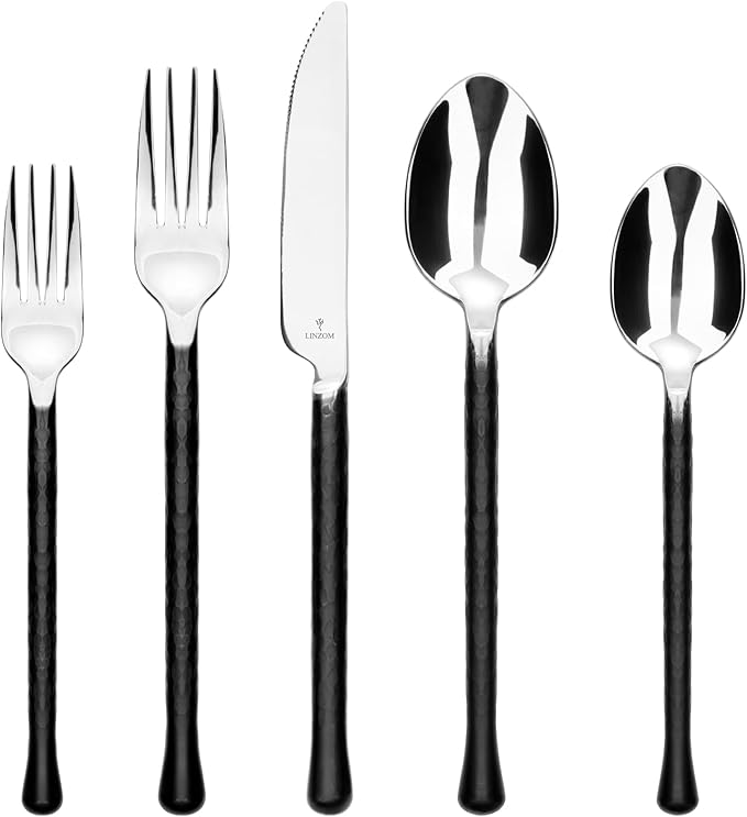 Forged 20-Piece Matte Black Silverware Set, 18/10 Stainless Steel Flatware Service for 4, Rustic Black Flatware, Spoons Forks Set Home Kitchen Restaurant Housewarming, Dishwasher Safe
