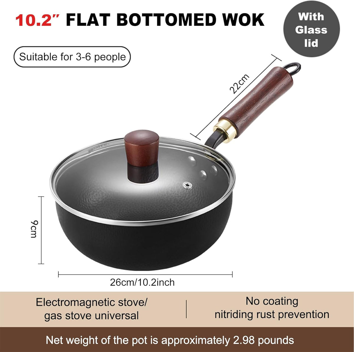 Carbon Steel Wok Pan, 10.2 “ Woks & Stir-Fry Pans with Wooden Lid Cookwares, Nonstick Wok, No Chemical Coated Flat Bottom Hand Hammered Chinese Wok For for Electric, Induction, for All Stoves
