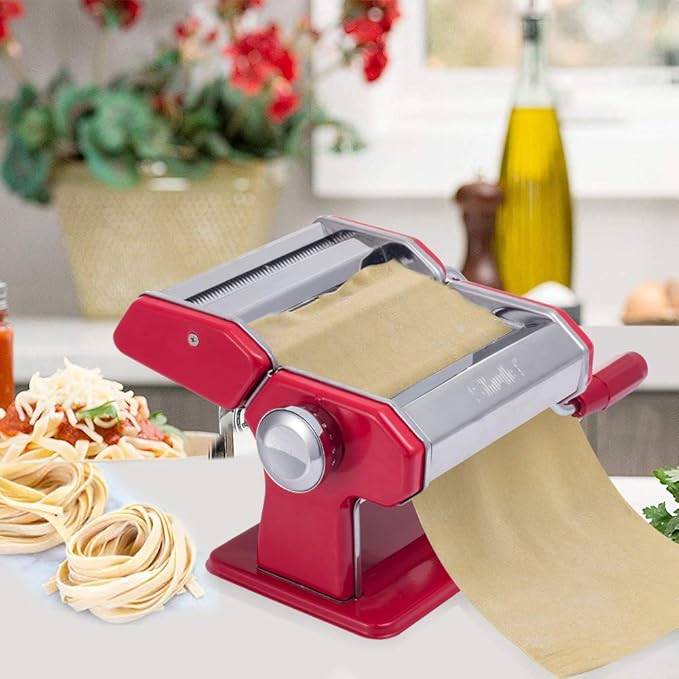 Shule Pasta Maker Machine Stainless Steel Adjustable Pasta Roller and Cutter for Tagliattelle Linguine Lasagna Noodles, Classic Red