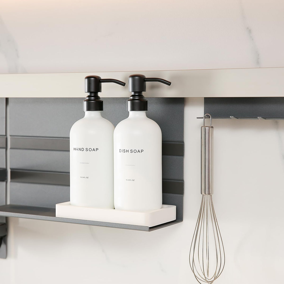 Kitchen Soap Dispenser Set, White Soap Dispenser with Black Stainless Steel Pump, Perfect for Modern Kitchen Decor. (White)