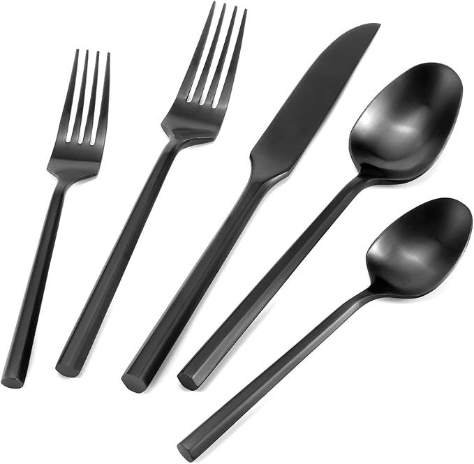 DEACORY Silverware Set Flatware Set Matte Black Cutlery Set Brushed Finished Hexagon Handle Heavy Stainless Steel 20 Pieces Dishwasher Safe Service for 4