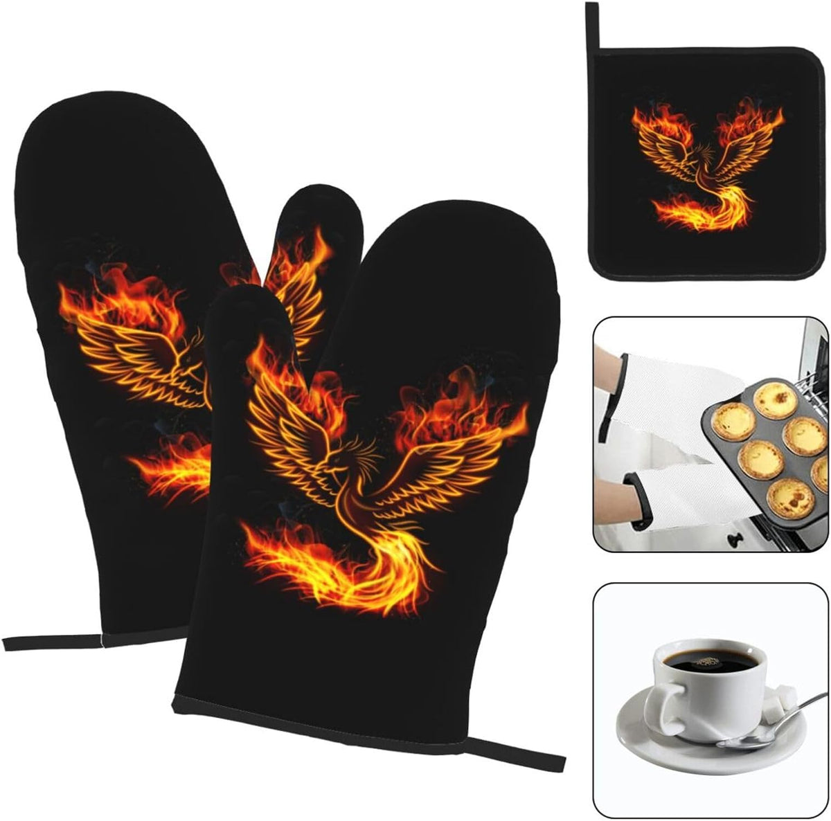 Fire Phoenix Oven Mitts and Pot Holders Set Funny Heat Resistant Microwave Oven Gloves for BBQ Baking Grilling Cooks Kitchen Decor 3 Piece