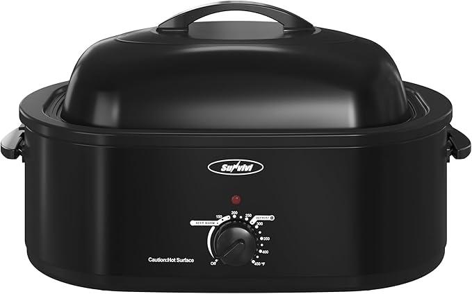 Sunvivi 22lb 18-Quart Roaster Oven, Electric Roaster Oven with Self-Basting Lid, Turkey Roaster with Unique Defrost/Warm Function, Large Roaster with Removable Pan & Rack, Stainless Steel, Black