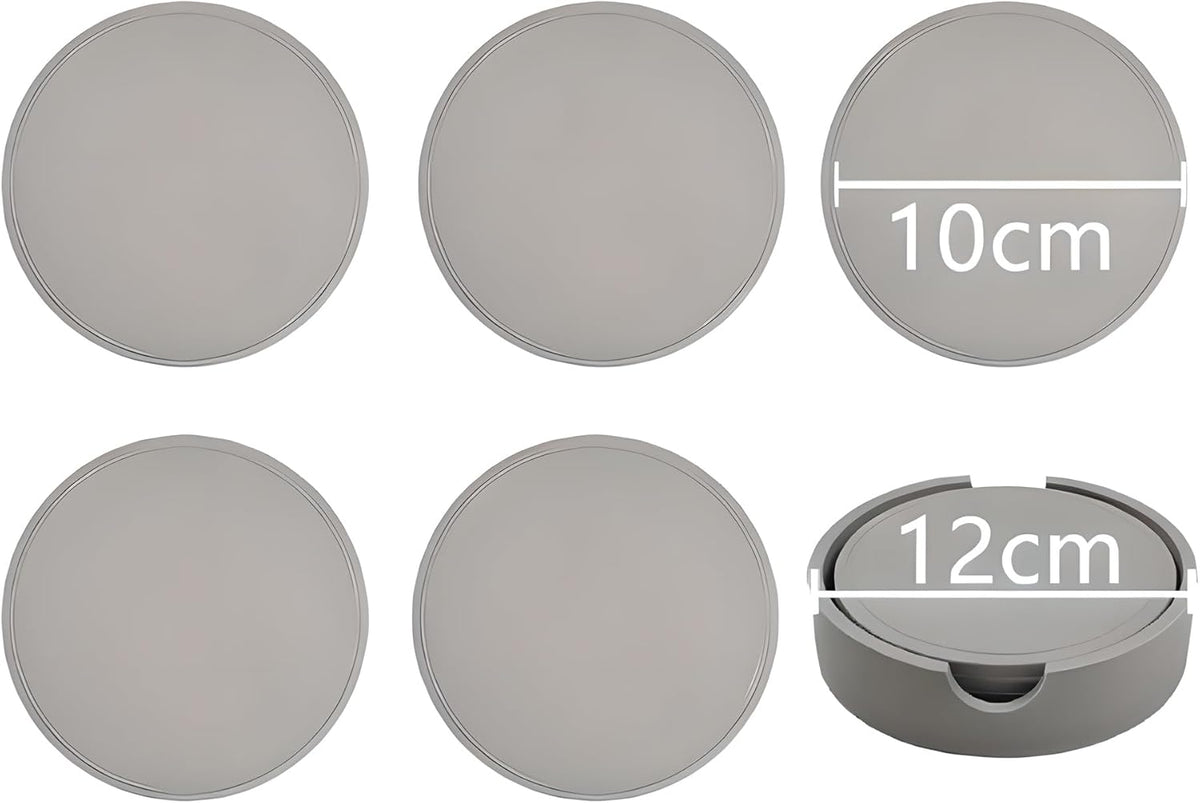 5-Piece Silicone Coasters Set with Holder - 3.9“ Non-Slip & Anti-Overflow Design for Hot/Cold Drinks | Thickened Kitchen & Living Room Decor, Housewarming Gifts for Men (Coffee, Beer, All Cup Types)