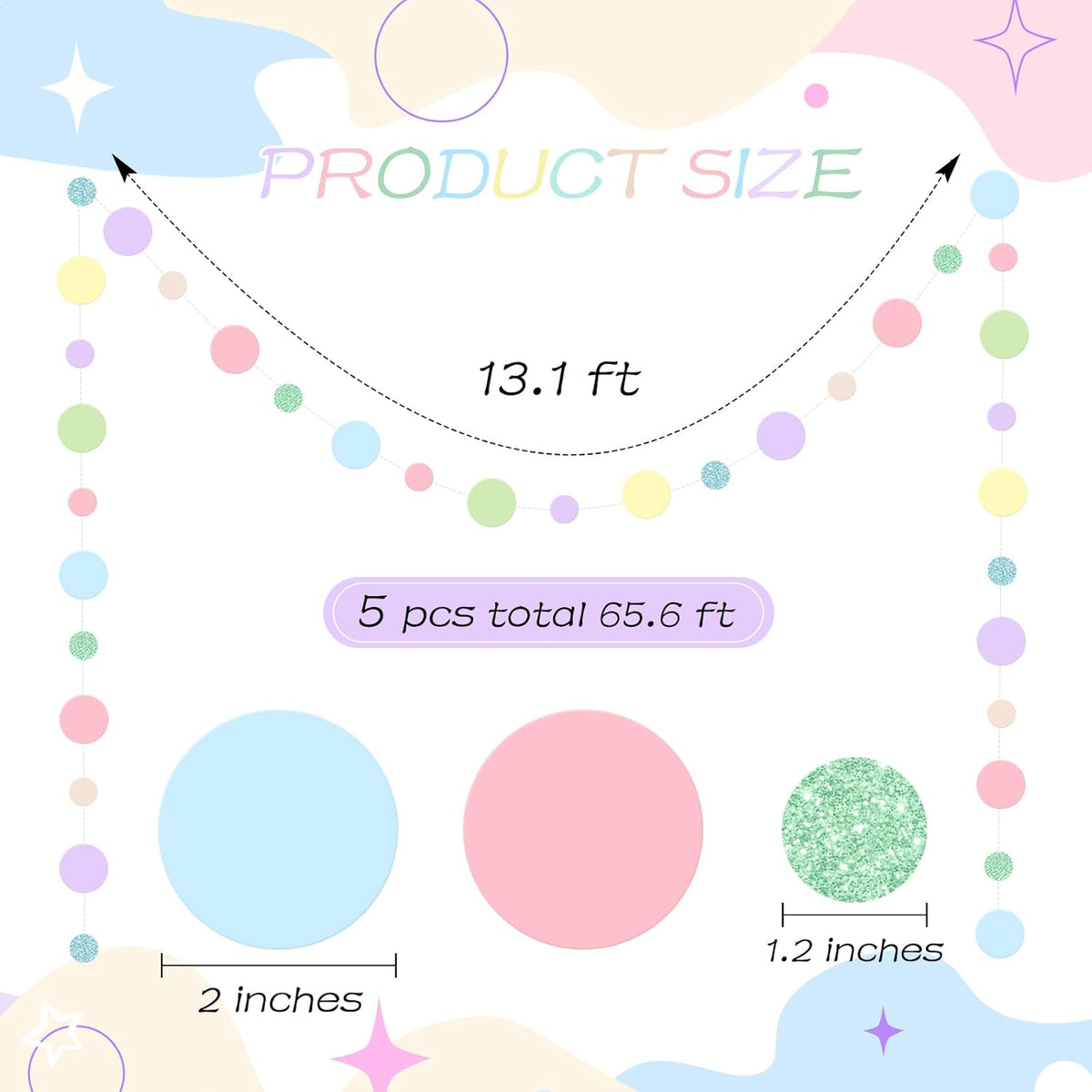 Outus 5 Pieces Colorful Dots Paper Garland Round Glitter Garland Hanging Confetti Streamers Backdrop Decoration for Birthday Classroom Candy Sprinkles Trunk or Treat Party (Pastel)