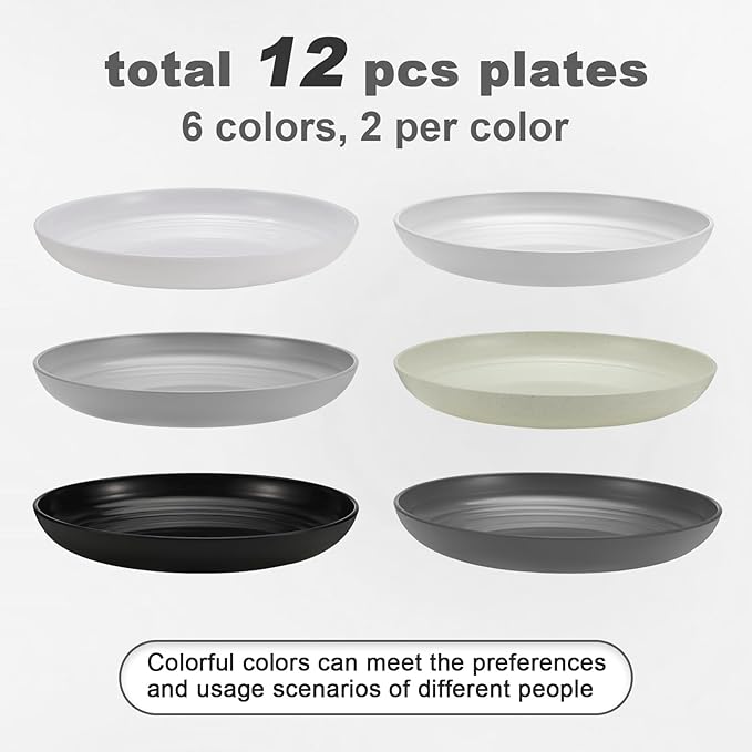 12 Pcs Unbreakable Deep Dessert Plates Set, 8 inch Reusable Plastic Wheat Straw Plates, Microwave and Dishwasher Safe Plate for Kitchen, Lightweight Plate for Dessert, BPA Free, 6 Colors