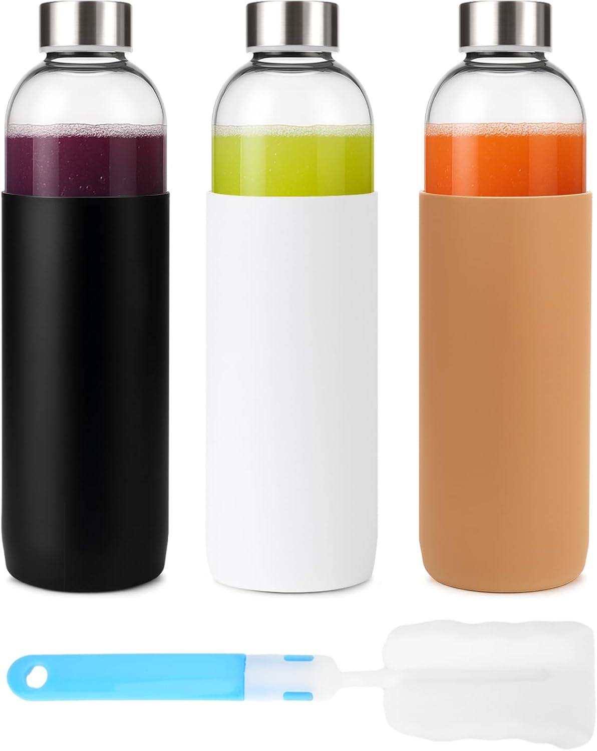 32 oz Clear Glass Bottles with Lids and Silicone Sleeve, Reusable Refillable Water Bottles for Juicing, Refrigerator,100% Leak Proof, BPA Free, Juice Glass Set of 3