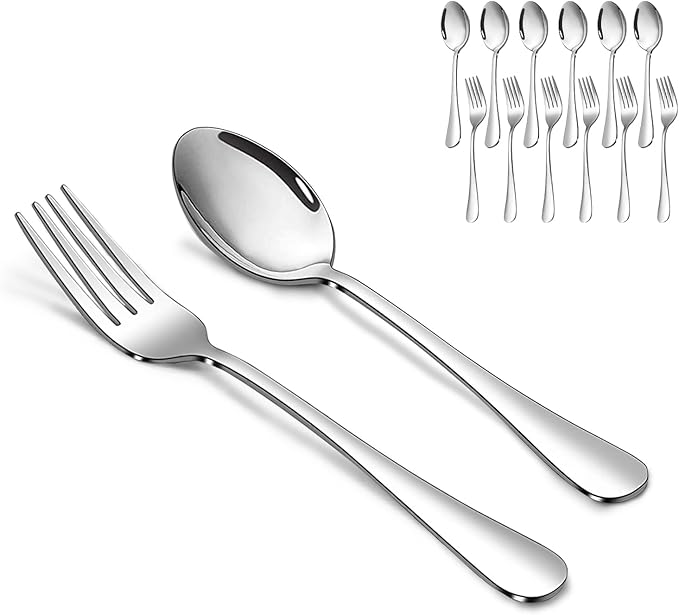 Forks and Spoons Set, 6PCS 6.7" Salad Forks and 6PCS 6.7" Soup Spoons, Stainless Steel Silverware set of 12, Mirror Polished & Dishwasher Safe