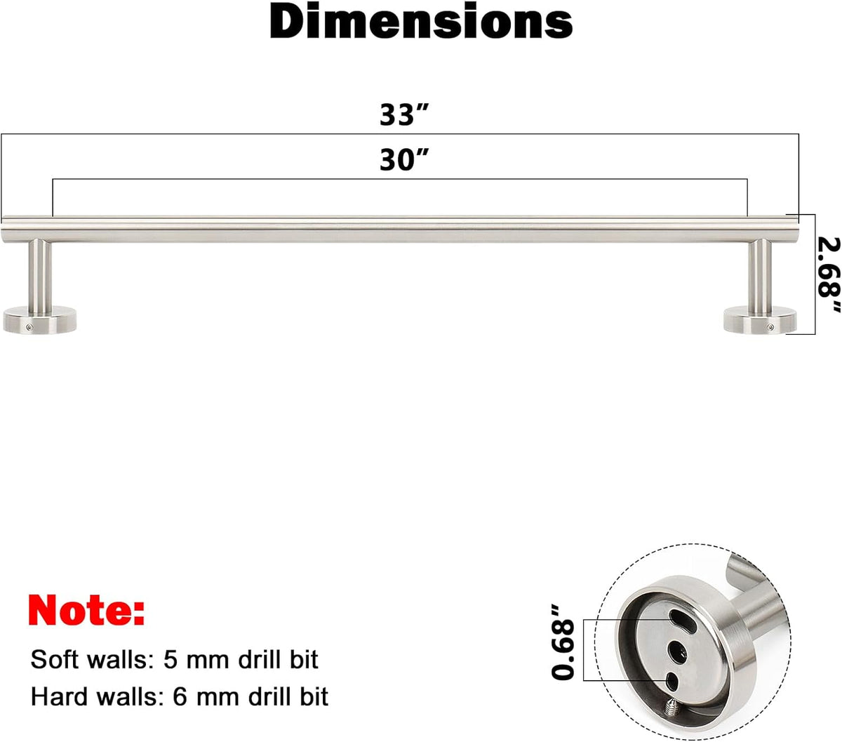 NearMoon Bath Towel Bar, Bath Accessories Thicken Stainless Steel Shower Towel Rack for Bathroom, Towel Holder Wall Mounted (1 Pack, Brushed Nickel, 33 Inch)
