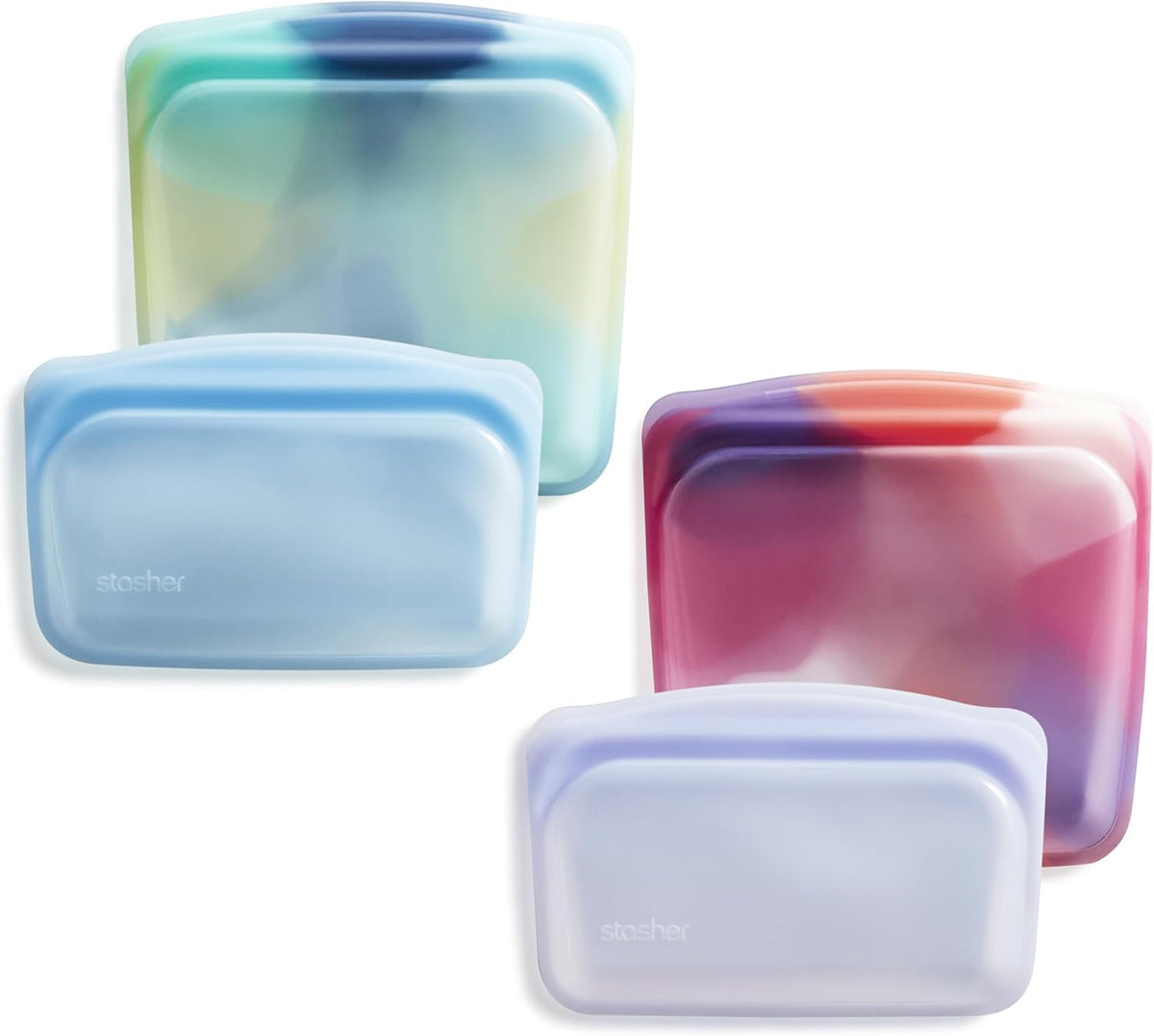 Stasher Premium Silicone Reusable Food Storage Bags, 4-Pack, Tie Dye Multi, Multi-Use Food Storage Bags, Lunch Bag, Travel Containers, BPA Free, Leak-free, Dishwasher-Safe, Eco-friendly