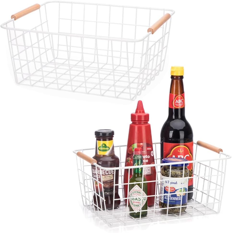 Metal Wire Food Storage Basket Organizer with Wooden Handles for Organizing Kitchen Cabinets, 2 Packs-White