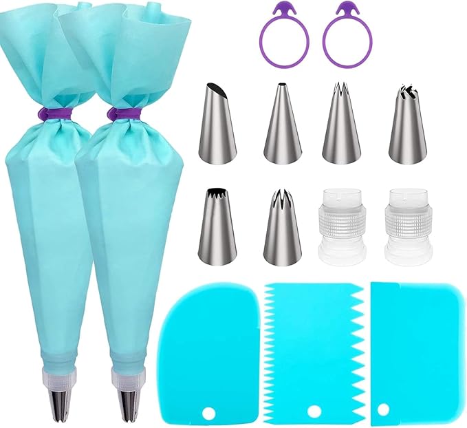 Piping Bags and Tips Set, 18" Reusable Piping Bags, Frosting Piping Kit for Baking with Pastry Bags and Tips, Standard Converters, Silicone Rings, Cake