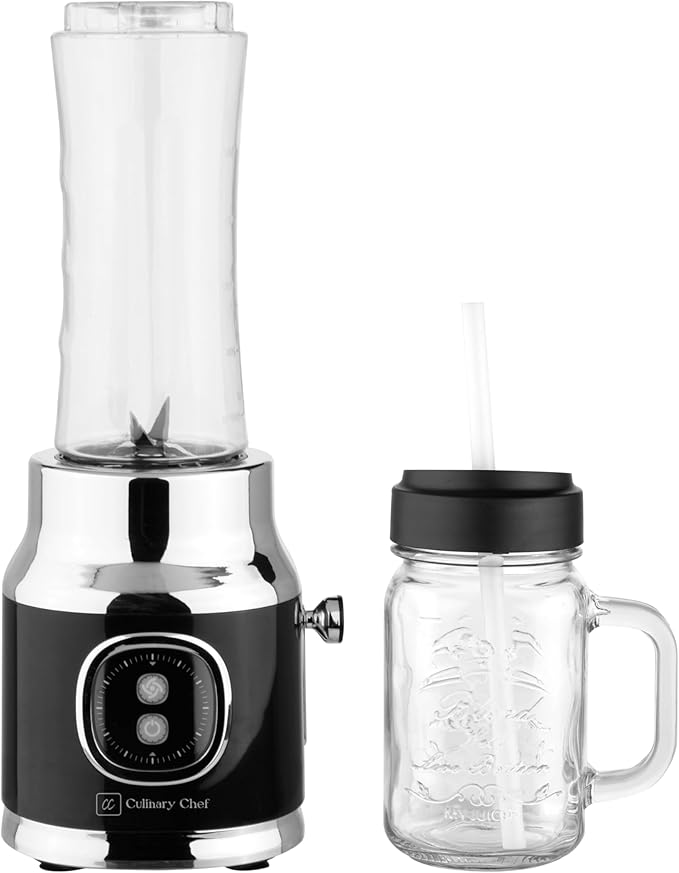 CULINARY CHEF Retro Smoothie Maker Personal Blender with Mason Jar, Perfect for Shakes and Smoothies, Countertop, Dishwasher Safe, BPA-Free, High Power 300W, Black
