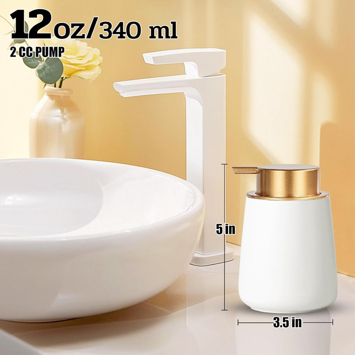 Foaming Soap Dispenser - 12 Oz White Ceramic Foam Hand Soap Dispenser for Bathroom, Face Wash Dispenser Bottle with Matte Golden Foam Pump, Refillable Lotion Dish Dispenser for Kitchen