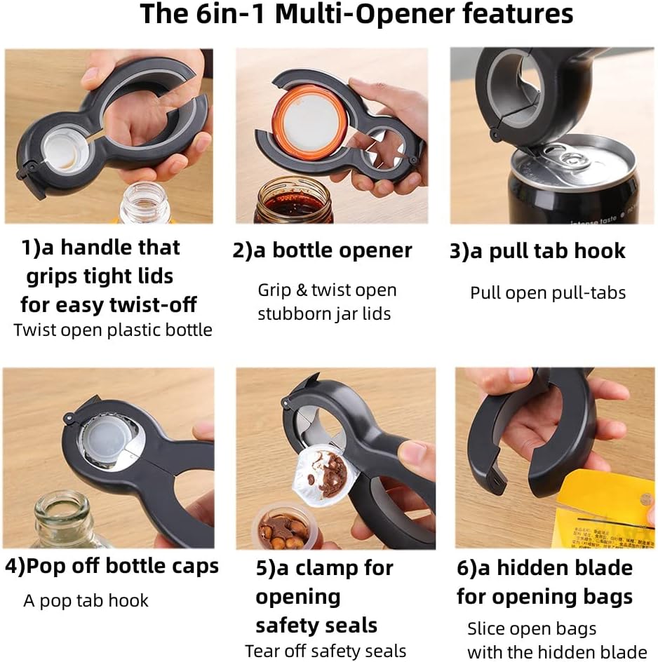 Bottle Opener 6 in 1 Multi Function Can Opener,Multi Kitchen Tool for Jelly Jars, Wine, Beer and other, Bottle Opener to Protect the Nail Use for Children, Elderly and Arthritis Sufferers.
