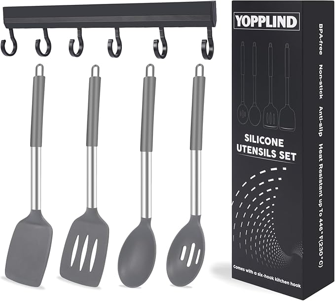 5-Piece Silicone Kitchen Tool Set, BPA-Free, Heat-Resistant, Non-Stick & Dishwasher-Safe, with Slotted/Solid Spoons & Spatulas for Frying, Mixing, Draining – Includes Multi-Purpose Serving Hook(Gray)