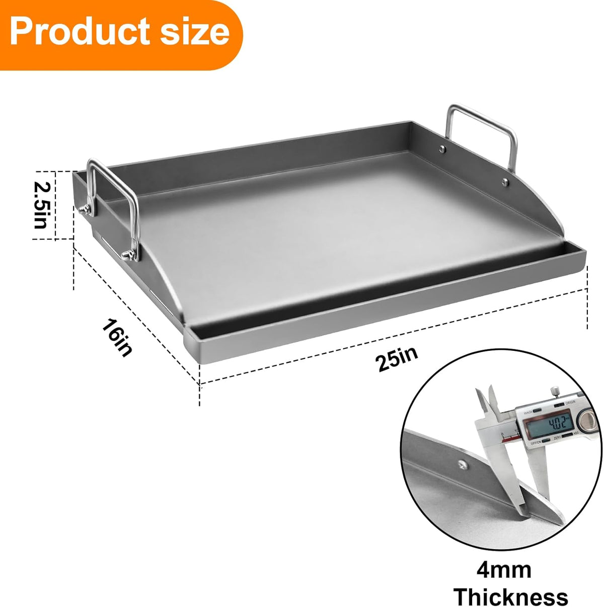 ABYDA Universal Stainless Steel Cooking Griddle, Heavy-Duty 4mm Strengthen thickness, Flat Top Plate Insert with Grease Groove and Removable Handles for Gas/Charcoal/Stove, 25" x 16"× 2.5“