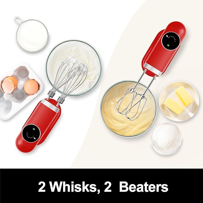 Kitchen in the box Cordless Rechargeable Hand Mixer for Kitchen, Portable Handheld Electric Mixer with Beaters, Whisks, 6-Speed Digital Display, Charging Base and USB-C Charge Cable (Cherry Red)