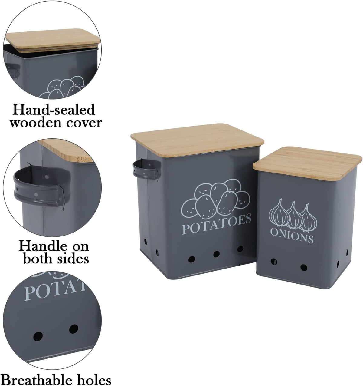 Kitchen Vegetable Storage Tins Set of 2 for Potatoes, Onion, with wooden lid Garlic Bin Caddy, Long Shelf Life-Grey