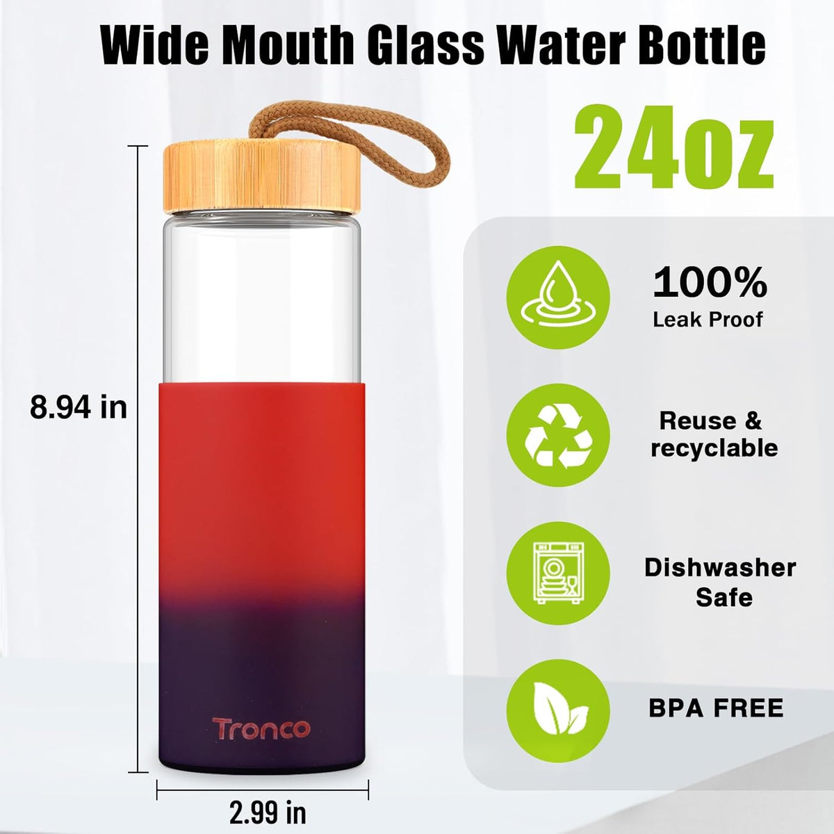 Tronco 24oz Glass Water Bottles with Bamboo Lid & Silicone Sleeve, Leak Proof, BPA Free, Reusable Borosilicate Glass Bottles for Juicing, Smoothies, Juice & Water, for Men & Women Gym, Office, Travel