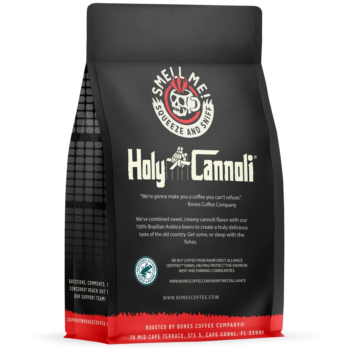Bones Coffee Company Holy Cannoli, Baked Cannoli Flavored Coffee, Medium Roast Low Acid Arabica Beans Compatible with Auto drip and French Press Coffee Maker, 12 Oz Whole Bean