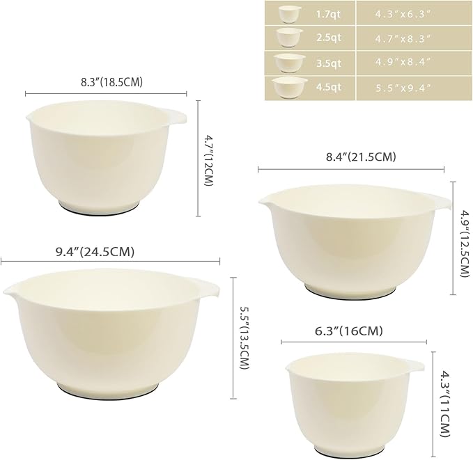 BoxedHome 4 Quart Large Plastic Mixing Bowls, Microwave Safe Mixing Bowl Set with Pour Spout, Nesting Bowls for Space Saving Storage(Beige)