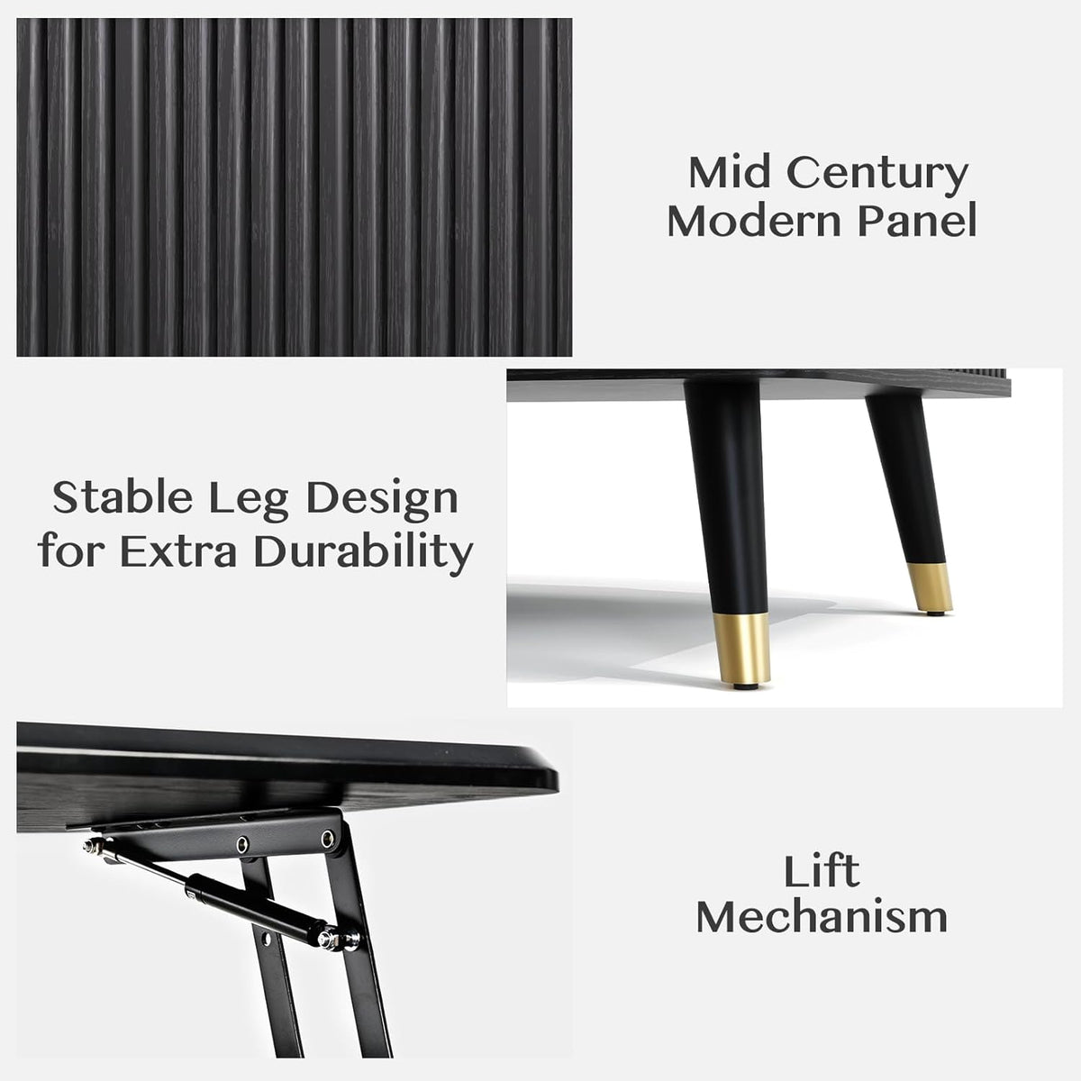 Lift Top Coffee Table, Mid Century Modern Coffee Table with Hidden Storage Compartment, 38" Fluted Center Table for Living Room, Home Office, Black