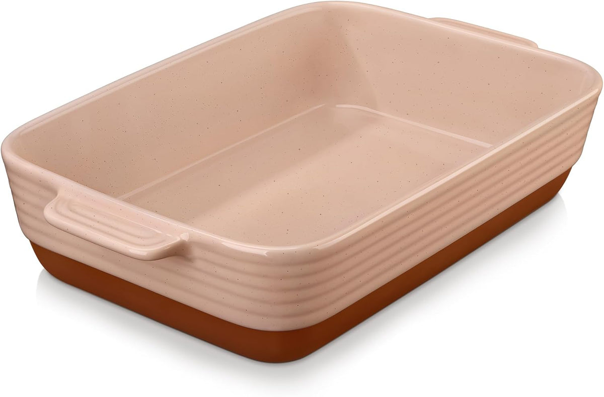 MALACASA 4.8 Qt Ceramic Oven Dish with Handles, 9 x 13 Inch Baking Dish Casserole Dishes, Deep Rectangular Lasagne Dishes Bakeware for Roasting (Khaki & Pink), Series TARA