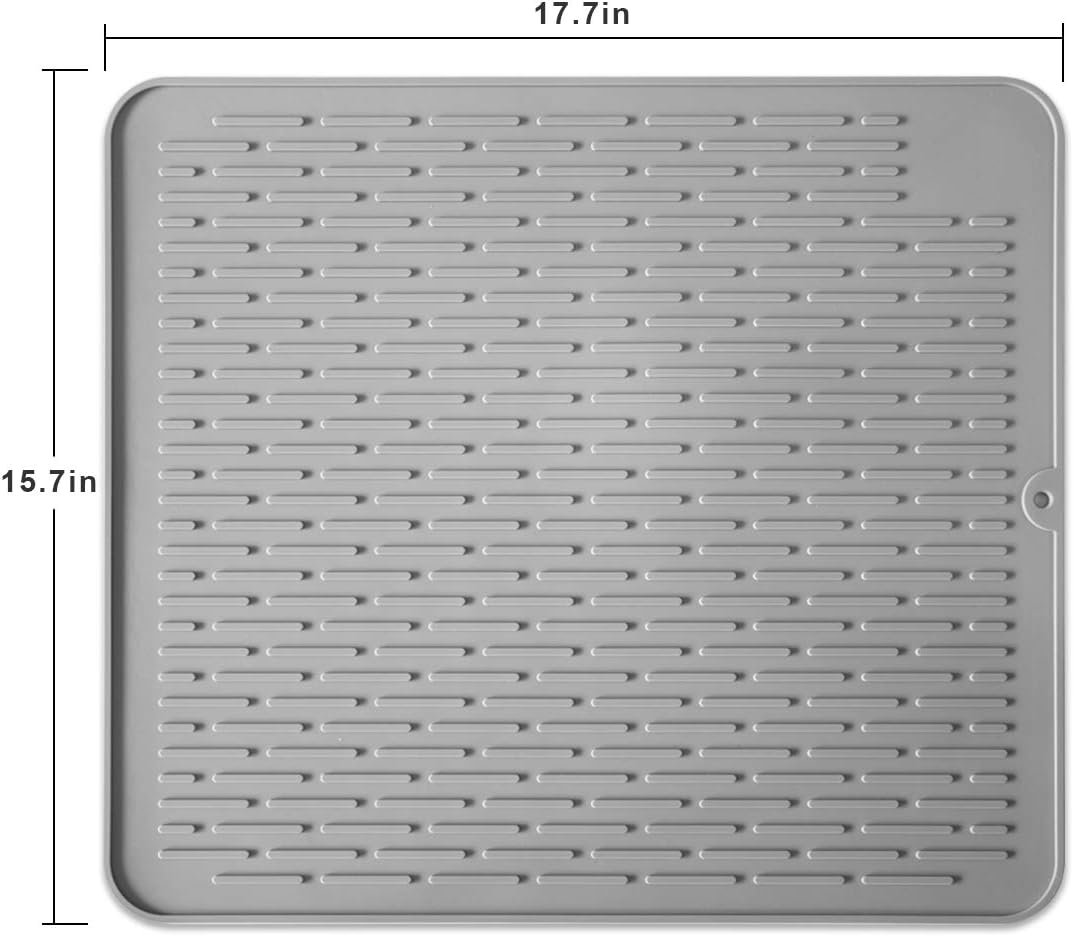 Silicone Dish Drying Mat for Multiple Usage,Easy clean,Eco-friendly,Super Sturdy Silicone Dish Drying Mat and Trivet, Dishwasher Safe, Heat Resistant (Gray, L 17.7×15.7inch)