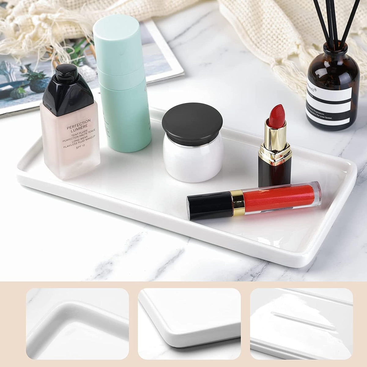 Gurygo 2 Pack 8"/10" Bathroom Trays, Ceramic Vanity Trays for Bathroom, Small Ceramic Tray, Kitchen Soap Tray for Kitchen Counter (White,Set/2)