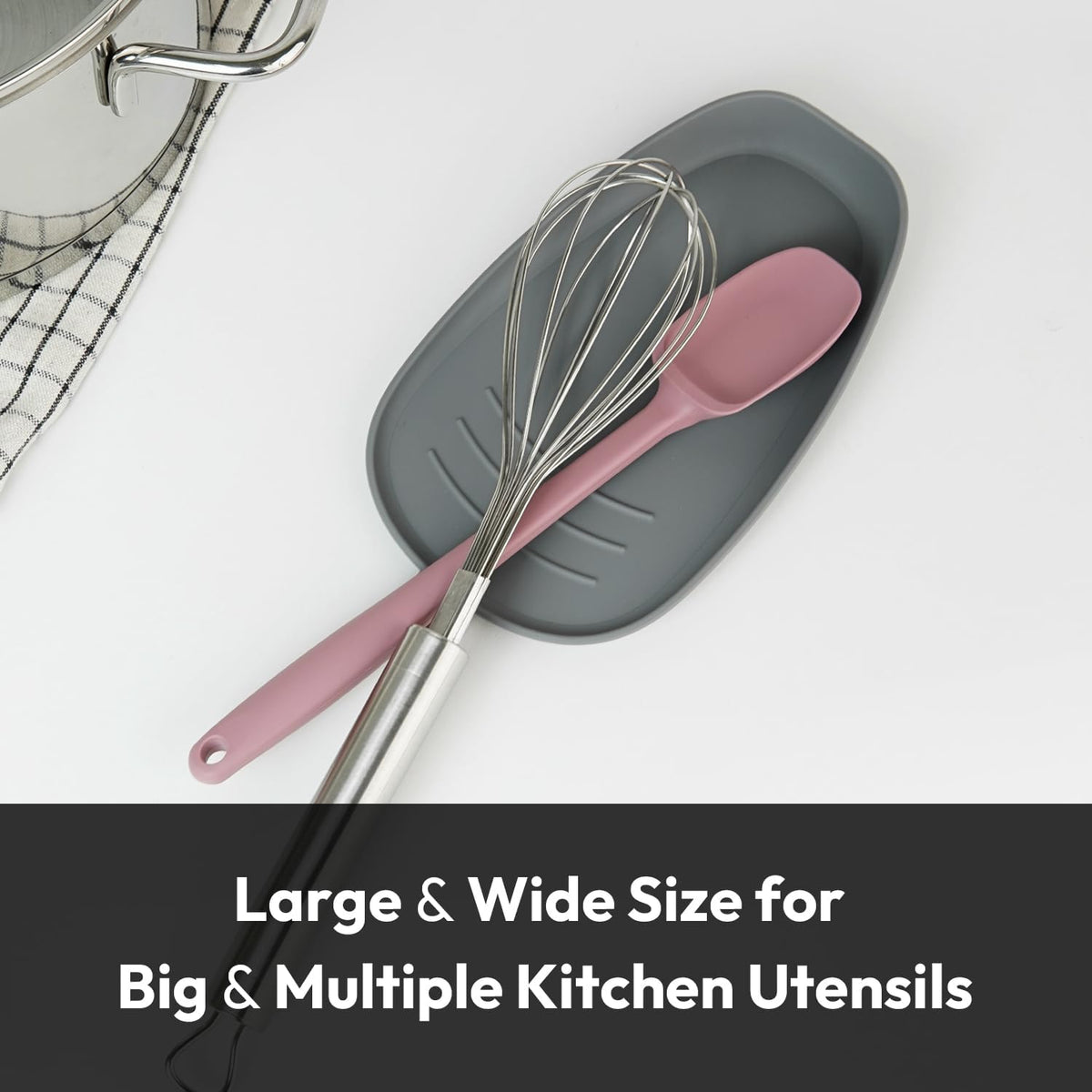 Carrotez Large Silicone Utensil Rest for Stove Top - Unbreakable Heat Resistant Silicone Spoon Rest for Kitchen Countertop - Oversized Wide Non-Scratch Spoon Holder for Camping - Grey