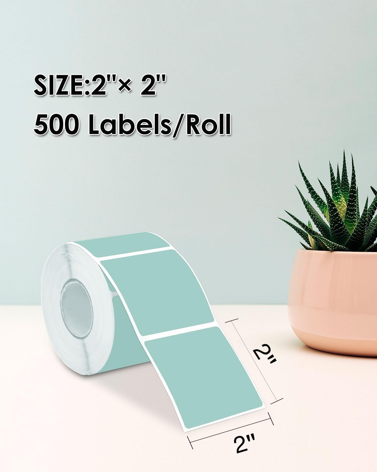 iEager Green Square Thermal Label Stickers, 2"x2" Self-Adhesive Square Direct Thermal Labels with Perforation Line, 500 Sheets/Roll