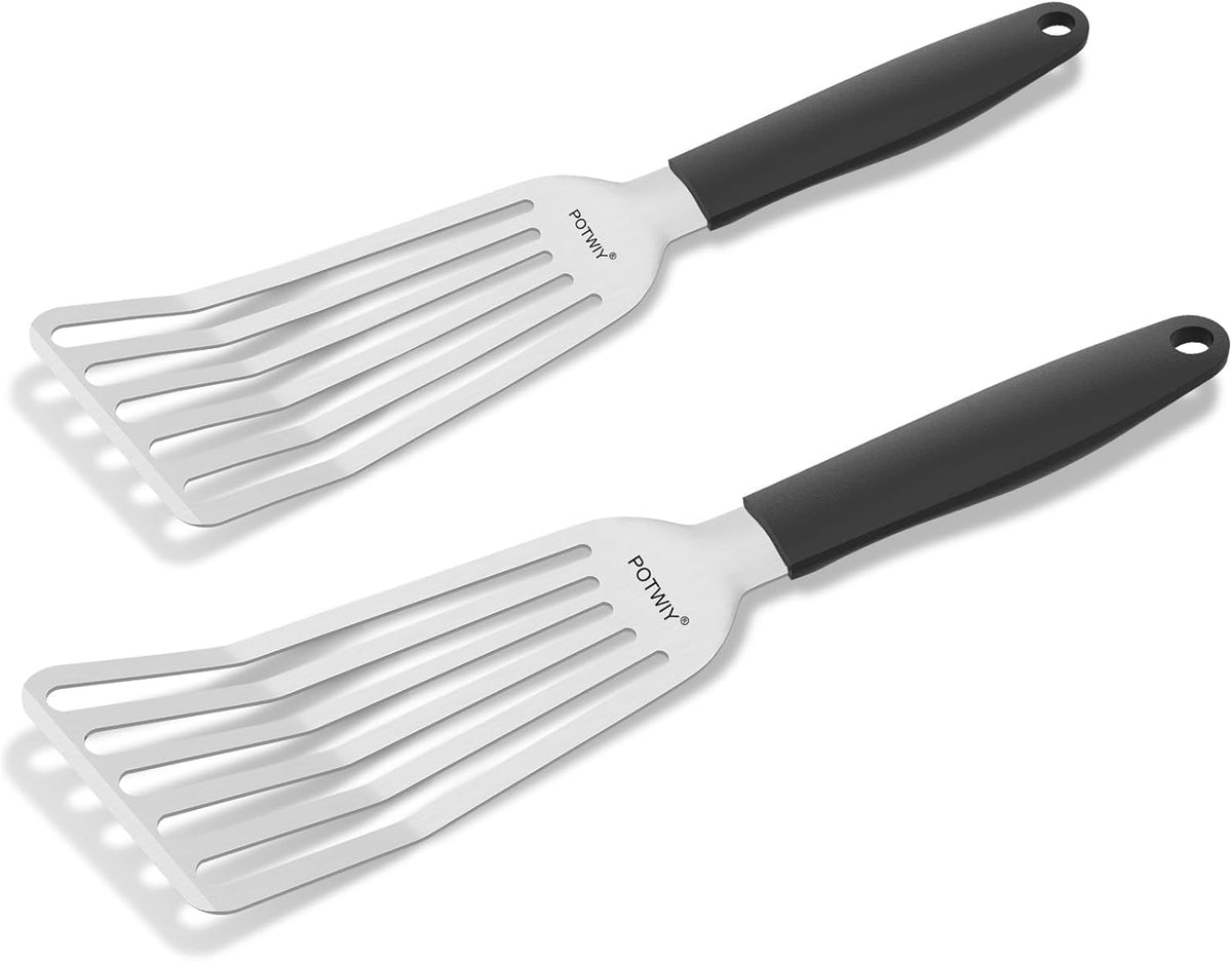Fish Spatula Stainless Steel, 2 Pcs Metal Spatula Set for Kitchen and Grilling, Slotted Turner with Silicone Handle for Cast Iron Skillet, Cooking Utensils for Fish, Burger, Egg, 13.5" & 11.6"