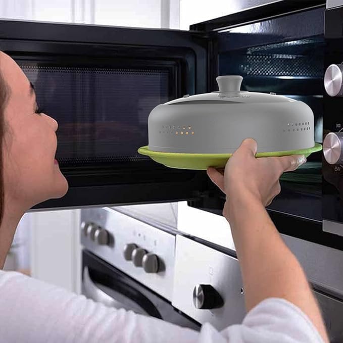 Microwave Cover for Food, Silicone and Glass Splatter Guard Lid for 6–7–8–9-10-11-12 inch Plates & Bowls. By EZY ACTIVE (Gray)