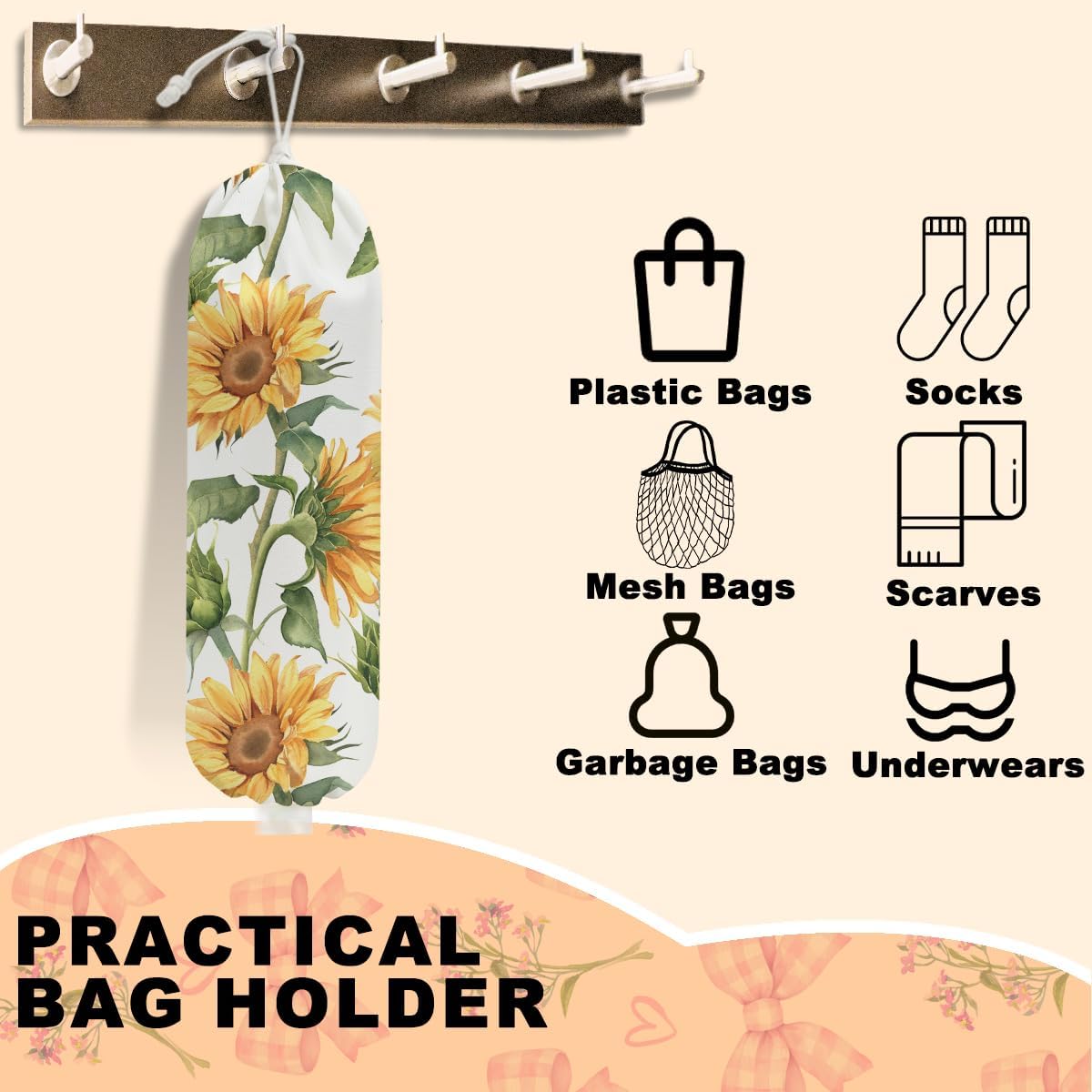 Sunflower Plastic Bag Holder for Kitchen Essentials, Wall Mount Grocery Bag Holder for Plastic Bags, Summer Sunflower Reusable Grocery Bags Storage Dispenser for Home Kitchen Pantry Farmhouse