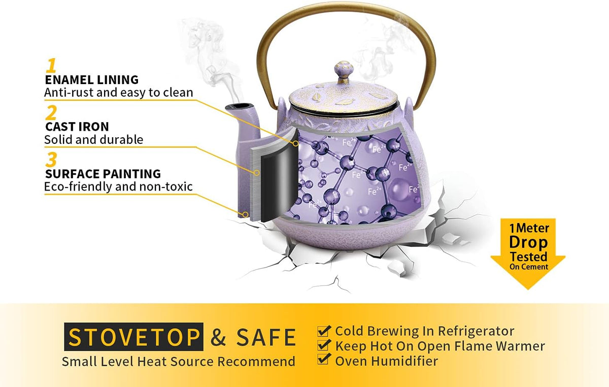 Tea Kettle, TOPTIER Japanese Cast Iron Teapot with Stainless Steel Infuser, Cast Iron Tea Kettle Stovetop Safe, Leaf Design Teapot Coated with Enameled Interior for 40 Ounce (1200 ml), Purple