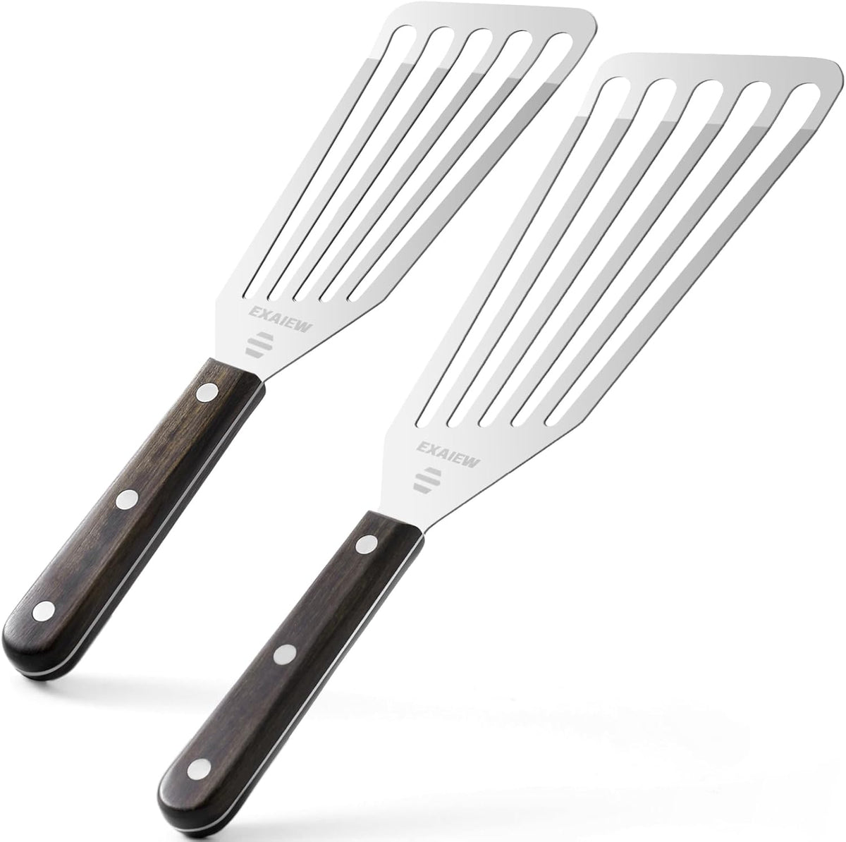 2 Pack Fish Spatula Stainless Steel, Flexible Fish Turner Spatula Perfect for Flipping Eggs, Burgers and Baking, Durable Lightweight Metal Kitchen Slotted Turner for Cooking & BBQ [Wooden Handle]